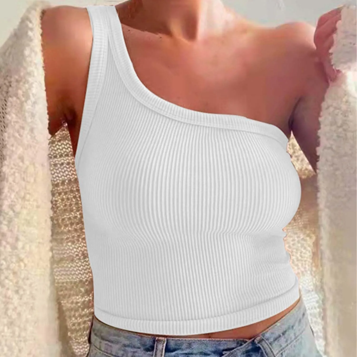 Women's Solid Color Short Bustier One Shoulder Camisole Tank Top T Shirt Stylish Casual Crop Top Halter Bodysuit