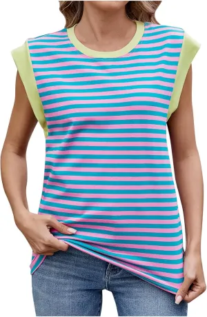 Womens Stripe Tank Tops Casual Trendy Crewneck Sleeveless Flying Sleeves Shirts 2025 Summer Beach Vacation Tank Tops