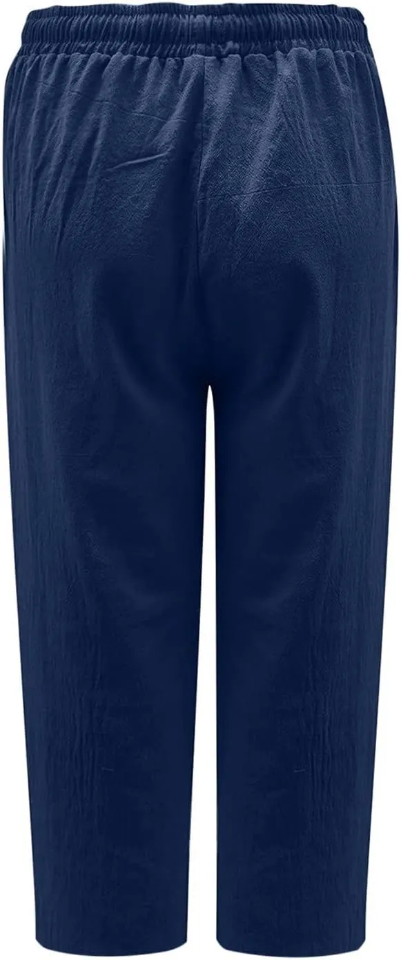 Women's Summer Linen Pants Wide Leg Capri Pants Drawstring Beach Pants Loose Casual Pants High Waisted Travel Pants