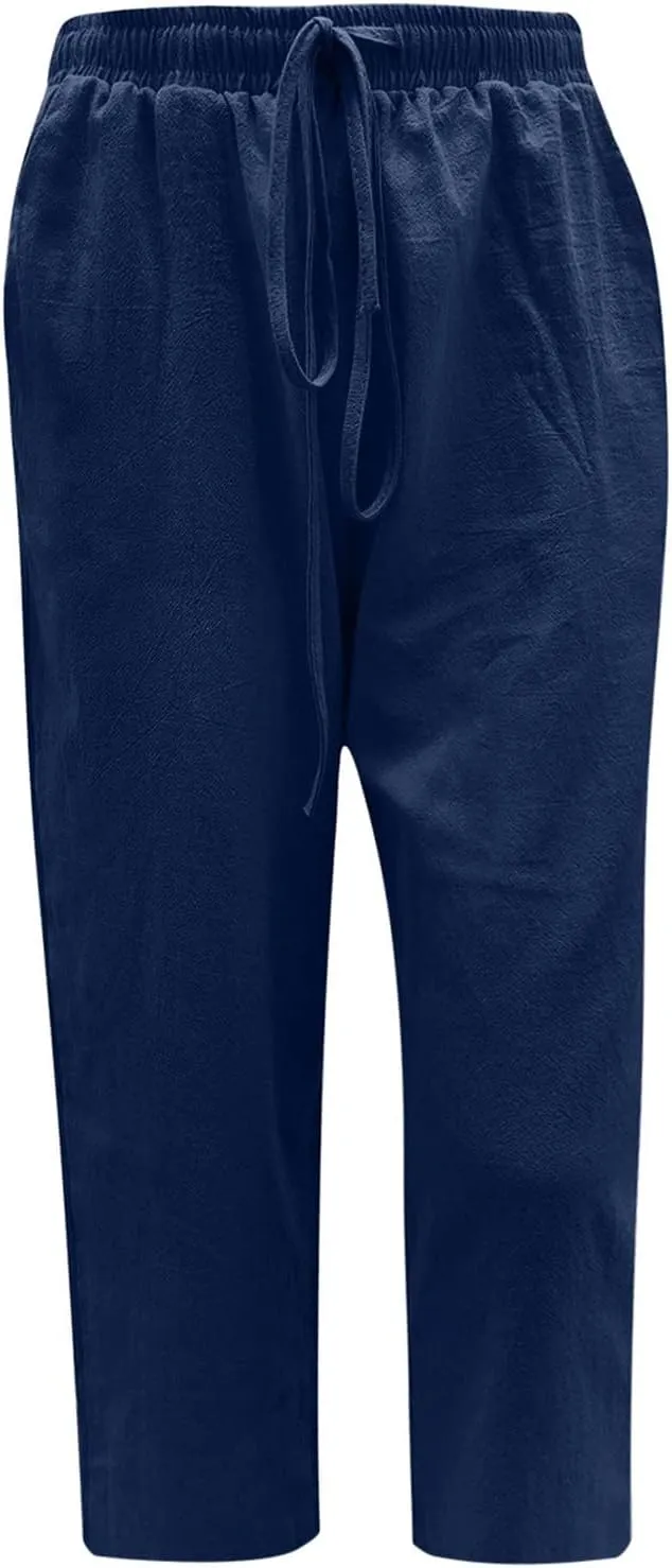 Women's Summer Linen Pants Wide Leg Capri Pants Drawstring Beach Pants Loose Casual Pants High Waisted Travel Pants