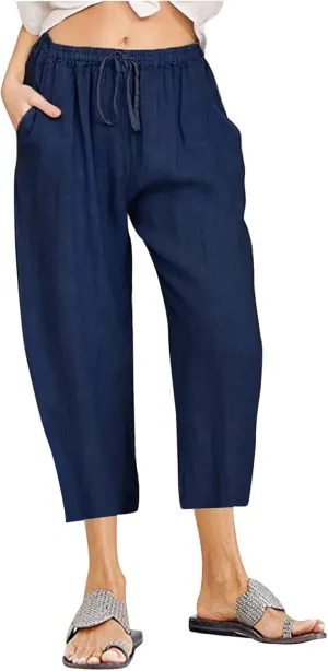 Women's Summer Linen Pants Wide Leg Capri Pants Drawstring Beach Pants Loose Casual Pants High Waisted Travel Pants