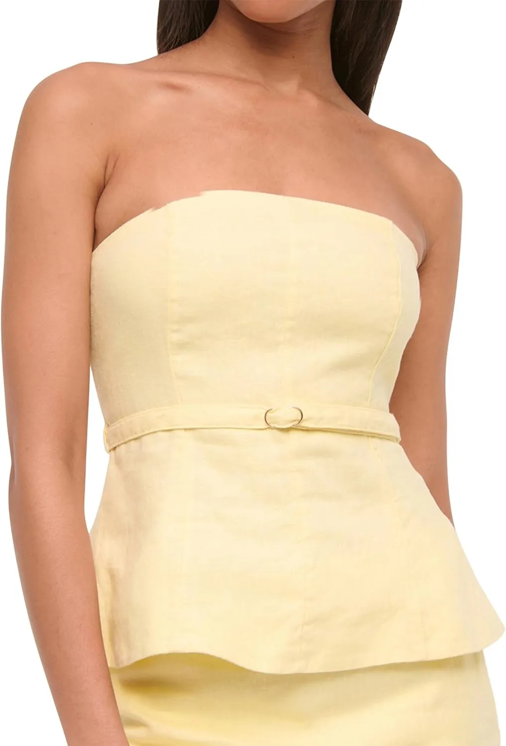 Women's Summer Strapless Linen Tube Tops Backless Zipper Ruffle Flared Hem Belted Peplum Bandeau Tops Beach Vacation