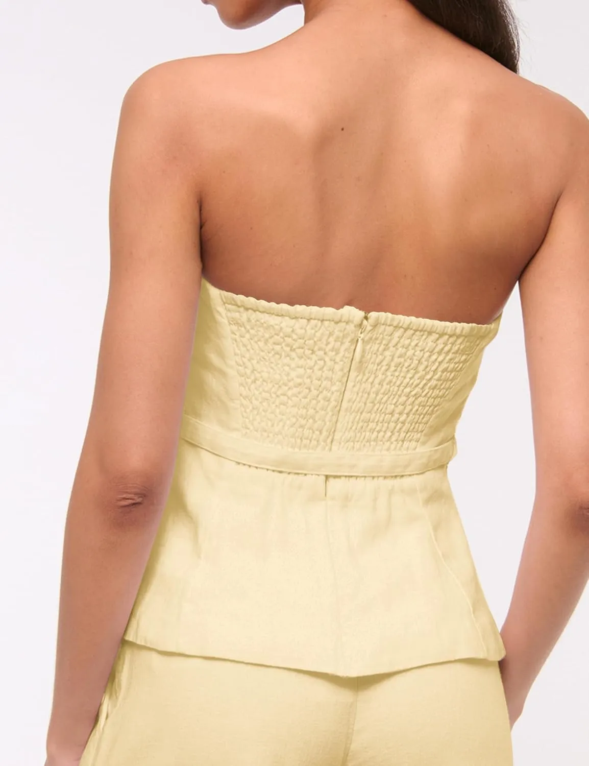 Women's Summer Strapless Linen Tube Tops Backless Zipper Ruffle Flared Hem Belted Peplum Bandeau Tops Beach Vacation