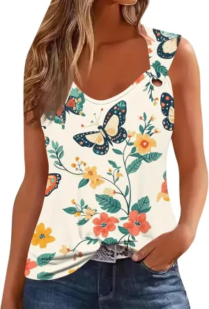 Womens Summer Tops Plus Size Sleeveless Causal Printed Square Neck Comfort Pleated Tank Tops for Women 2025
