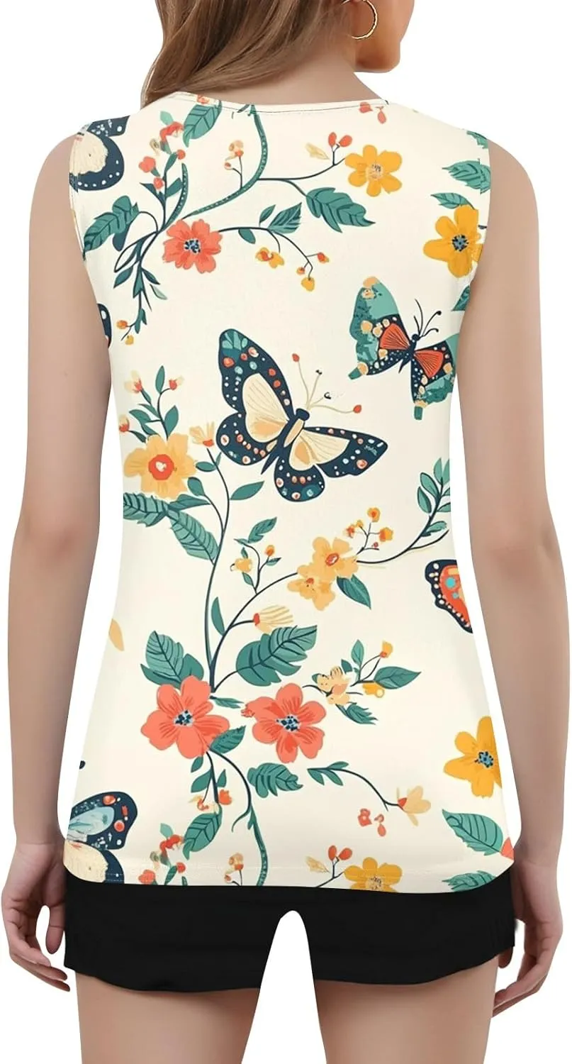 Womens Summer Tops Plus Size Sleeveless Causal Printed Square Neck Comfort Pleated Tank Tops for Women 2025
