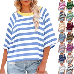 Womens Summer Tops Striped Color Block Short Sleeve Crewneck Shirt Y2k Tops 2024 Oversized Tshirts for Women