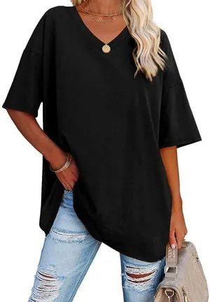 Women's T-Shirts Half Sleeve V Neck Casual Summer Tops Oversized Cotton Basic Loose Fit Tunic Tops