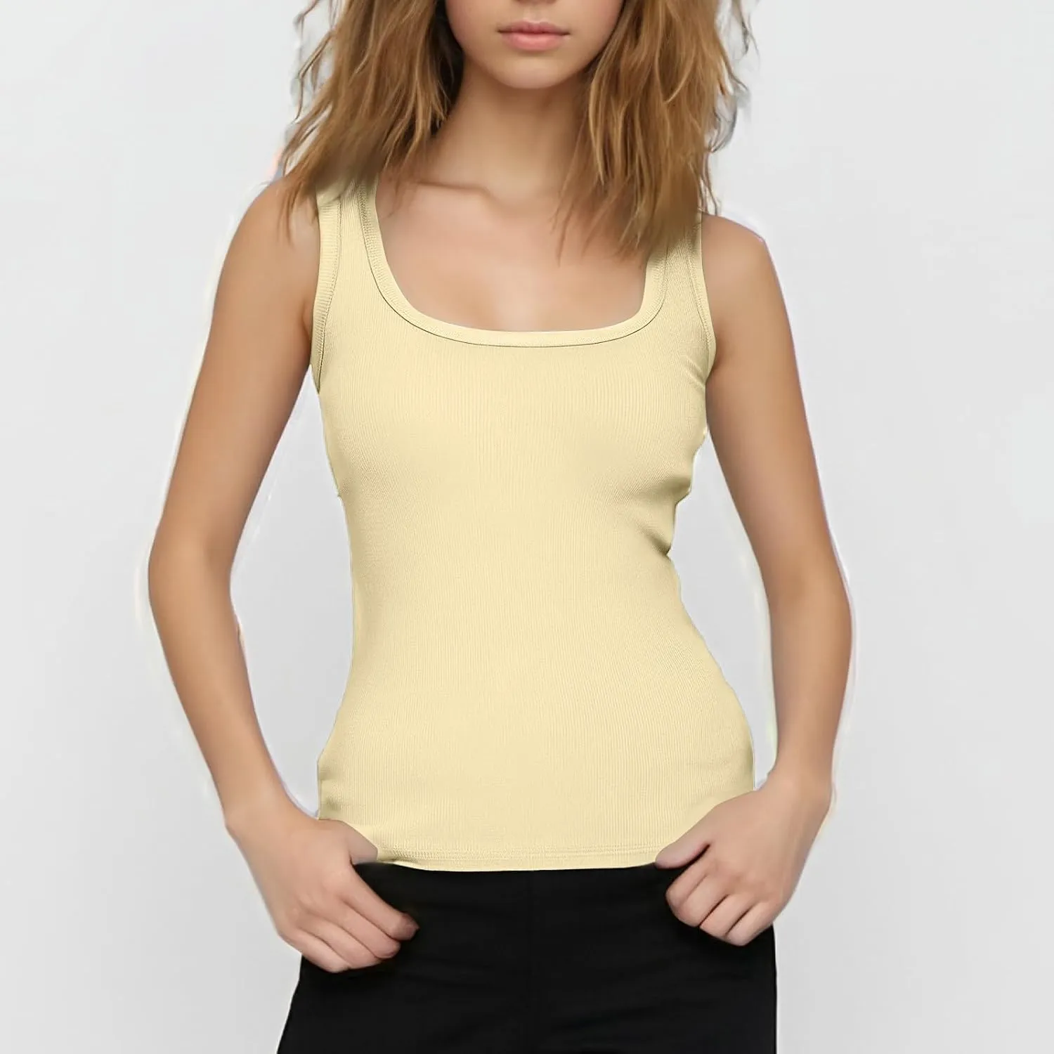 Womens Tank Tops Sleeveless Cotton Slim Fitted Camisole Form Fitting Scoop Neck Ribbed Knit Basic Cami Shirts