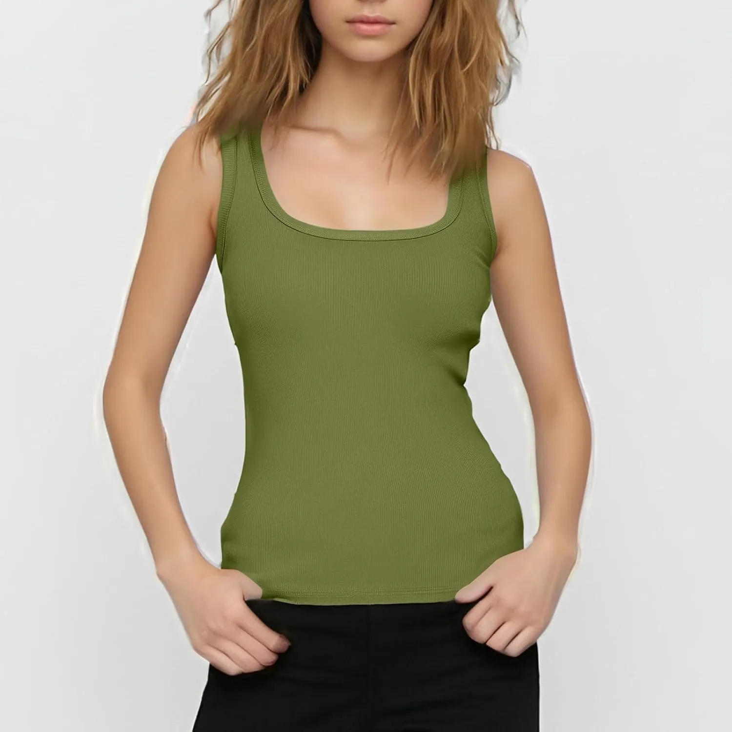 Womens Tank Tops Sleeveless Cotton Slim Fitted Camisole Form Fitting Scoop Neck Ribbed Knit Basic Cami Shirts