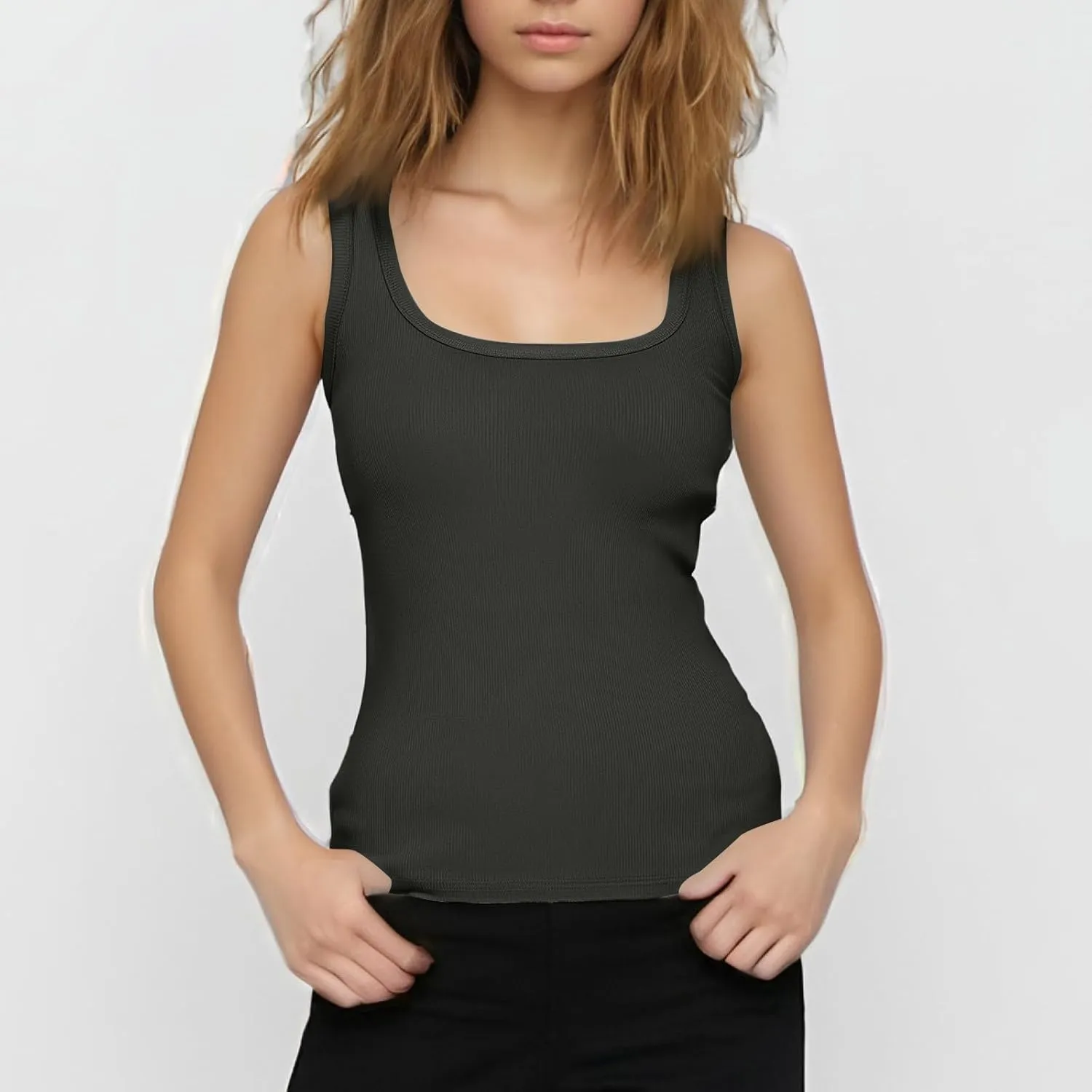 Womens Tank Tops Sleeveless Cotton Slim Fitted Camisole Form Fitting Scoop Neck Ribbed Knit Basic Cami Shirts