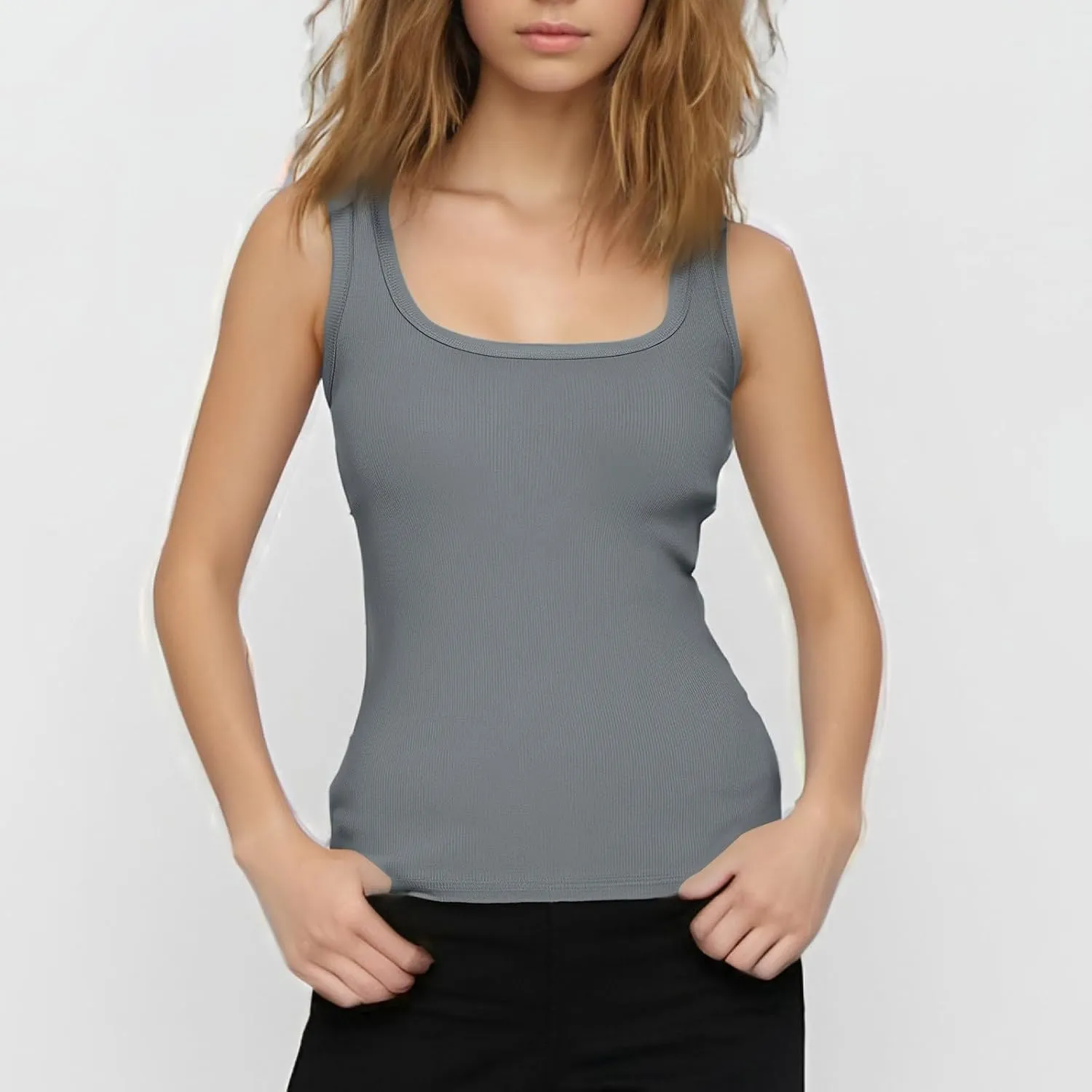 Womens Tank Tops Sleeveless Cotton Slim Fitted Camisole Form Fitting Scoop Neck Ribbed Knit Basic Cami Shirts