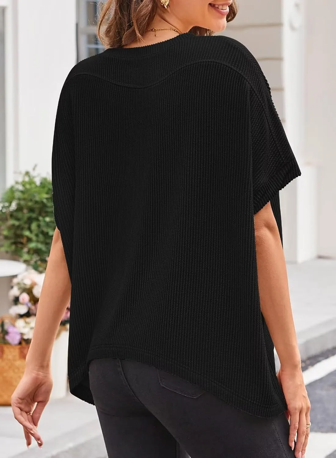 Womens Tops Crewneck Batwing Short Sleeve Shirts Ribbed Striped Casual Tee Women Oversized Loose Fit Trendy T-Shirts