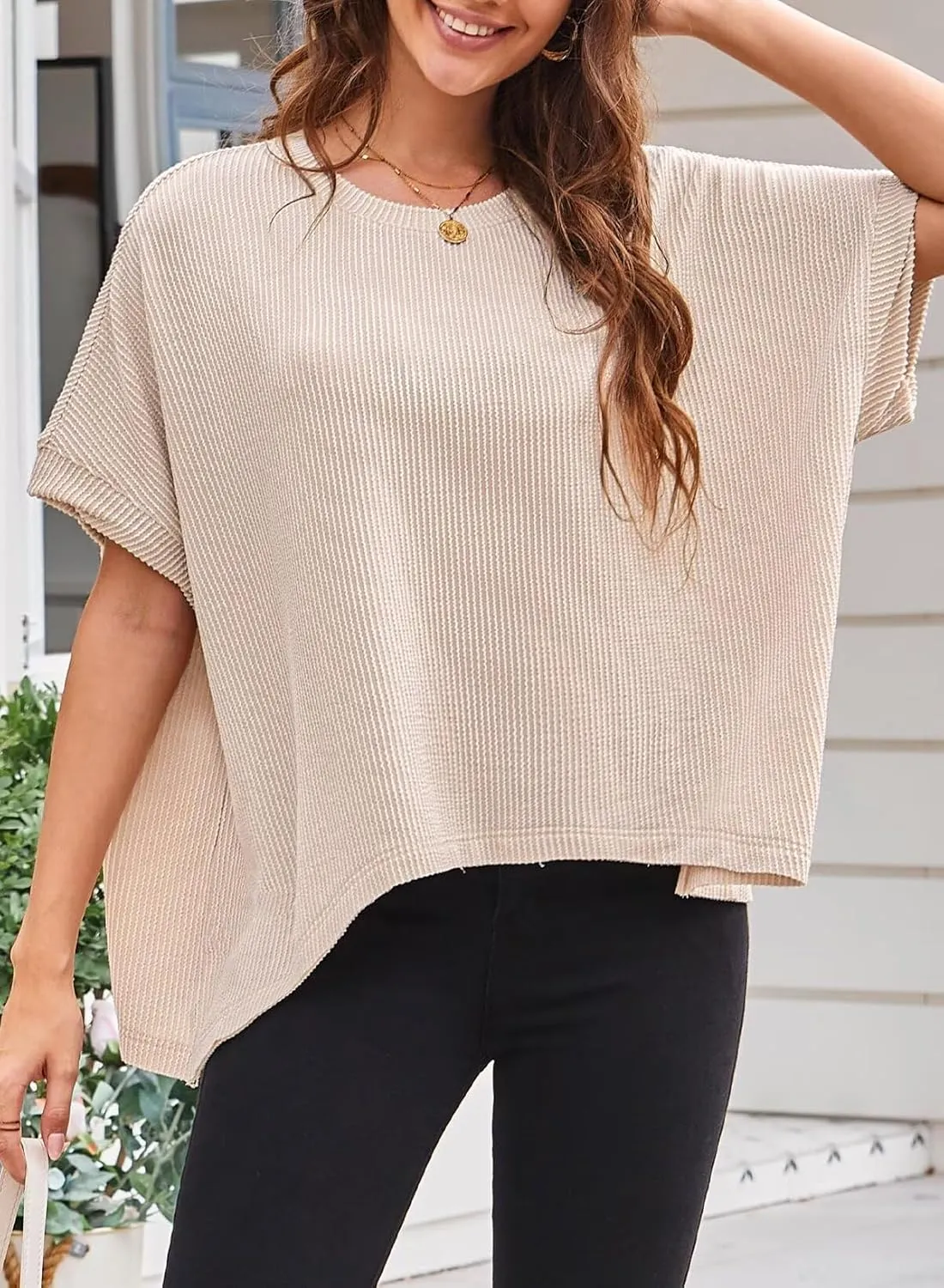 Womens Tops Crewneck Batwing Short Sleeve Shirts Ribbed Striped Casual Tee Women Oversized Loose Fit Trendy T-Shirts
