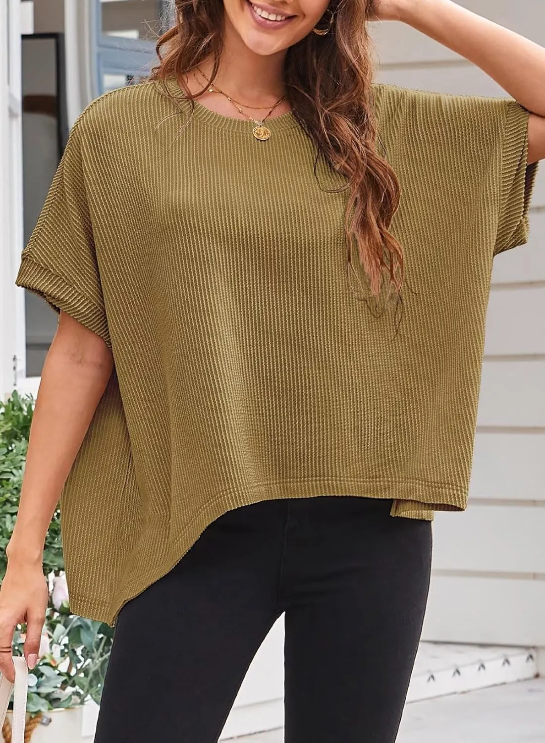 Womens Tops Crewneck Batwing Short Sleeve Shirts Ribbed Striped Casual Tee Women Oversized Loose Fit Trendy T-Shirts