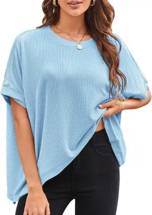 Womens Tops Crewneck Batwing Short Sleeve Shirts Ribbed Striped Casual Tee Women Oversized Loose Fit Trendy T-Shirts