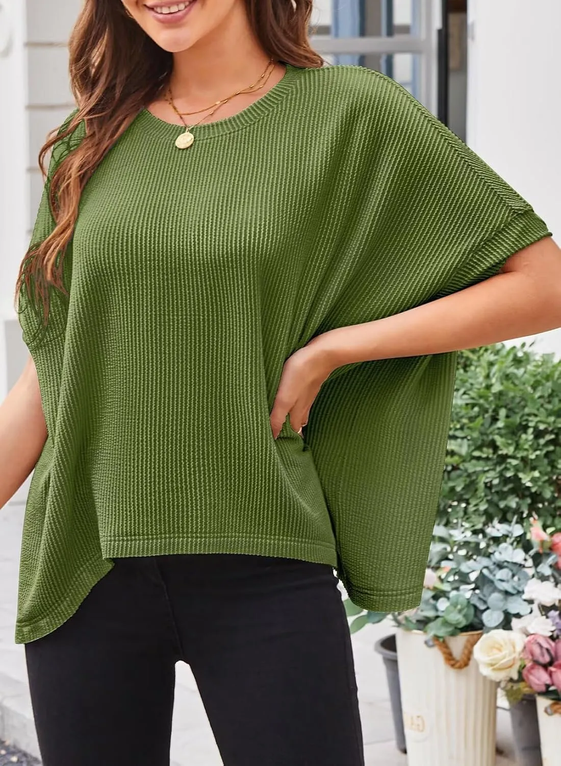 Womens Tops Crewneck Batwing Short Sleeve Shirts Ribbed Striped Casual Tee Women Oversized Loose Fit Trendy T-Shirts