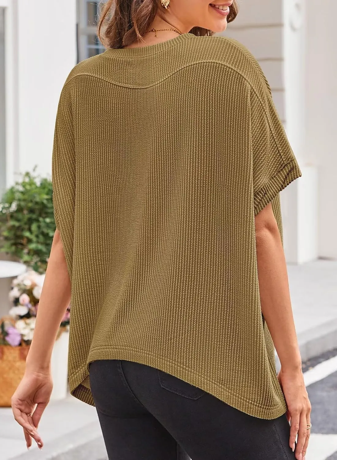 Womens Tops Crewneck Batwing Short Sleeve Shirts Ribbed Striped Casual Tee Women Oversized Loose Fit Trendy T-Shirts