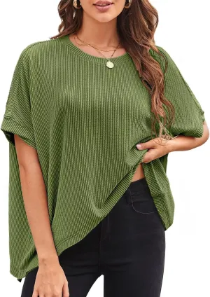 Womens Tops Crewneck Batwing Short Sleeve Shirts Ribbed Striped Casual Tee Women Oversized Loose Fit Trendy T-Shirts
