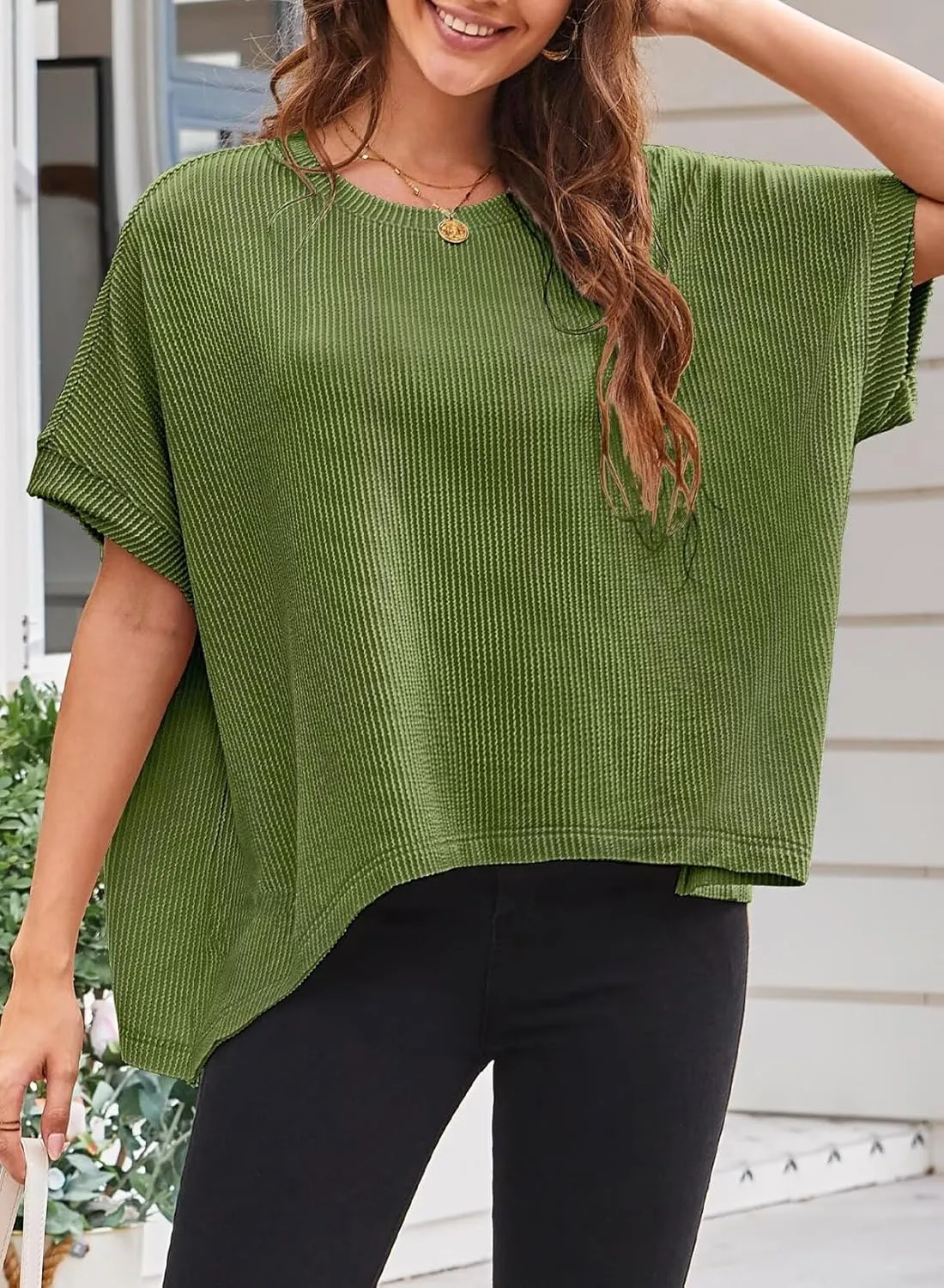 Womens Tops Crewneck Batwing Short Sleeve Shirts Ribbed Striped Casual Tee Women Oversized Loose Fit Trendy T-Shirts