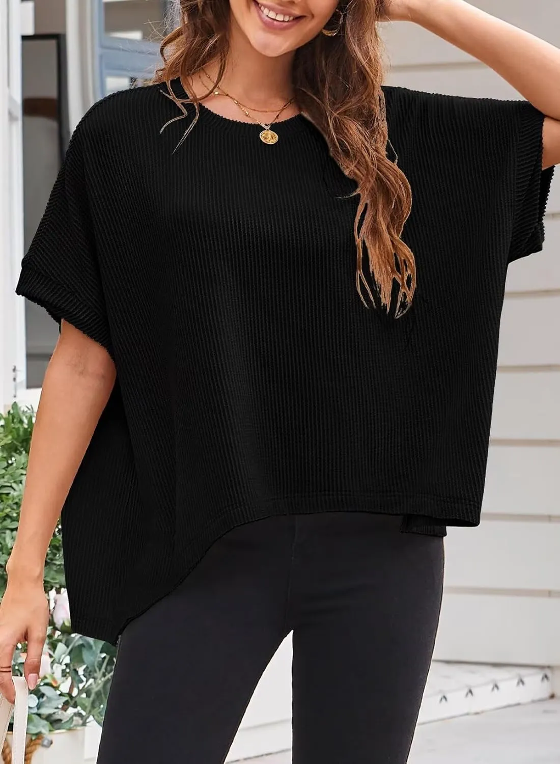 Womens Tops Crewneck Batwing Short Sleeve Shirts Ribbed Striped Casual Tee Women Oversized Loose Fit Trendy T-Shirts