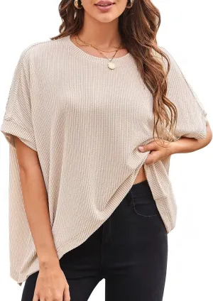 Womens Tops Crewneck Batwing Short Sleeve Shirts Ribbed Striped Casual Tee Women Oversized Loose Fit Trendy T-Shirts
