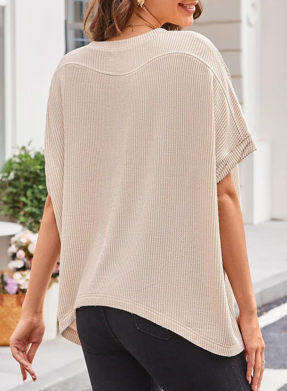 Womens Tops Crewneck Batwing Short Sleeve Shirts Ribbed Striped Casual Tee Women Oversized Loose Fit Trendy T-Shirts
