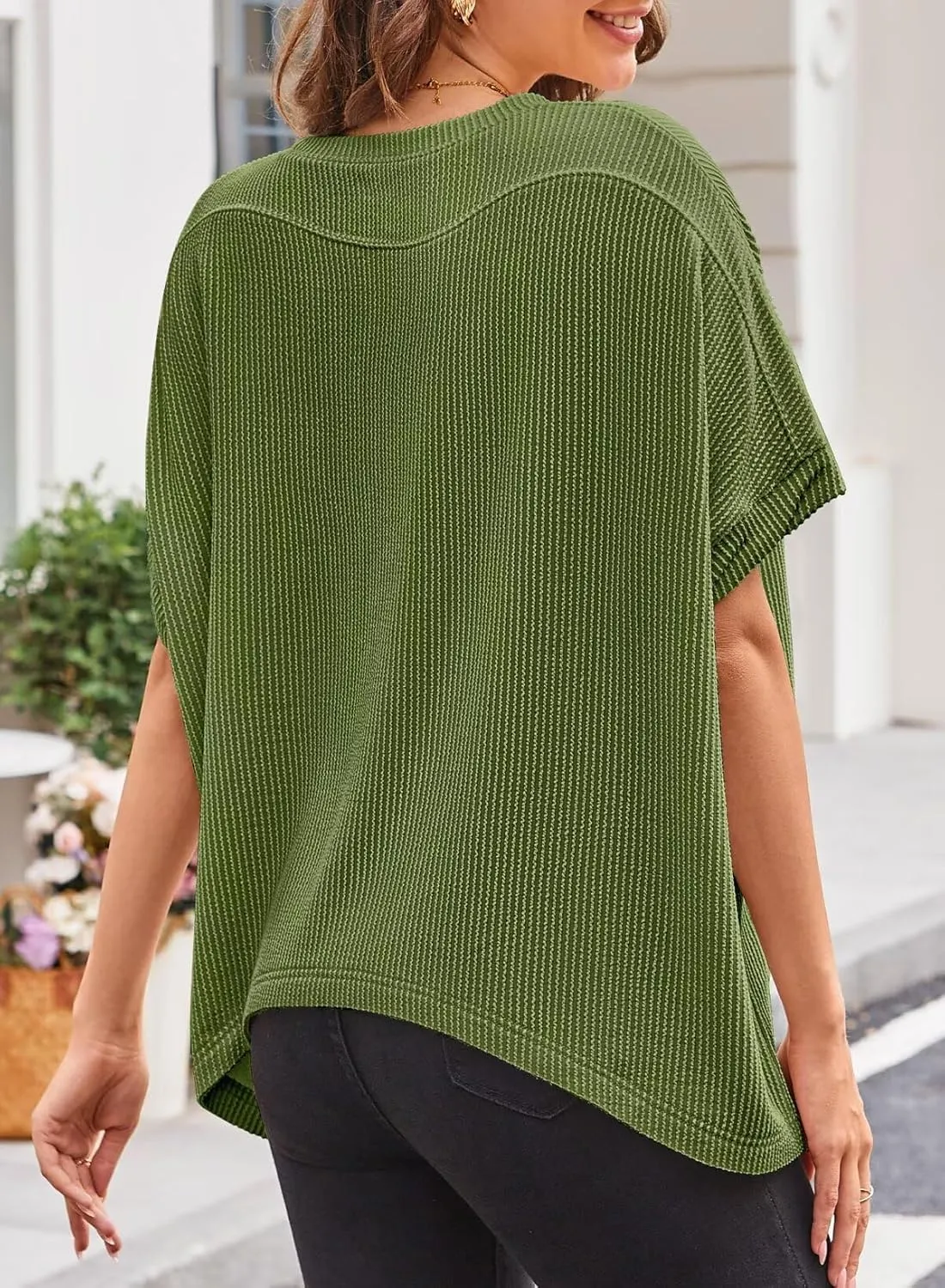 Womens Tops Crewneck Batwing Short Sleeve Shirts Ribbed Striped Casual Tee Women Oversized Loose Fit Trendy T-Shirts
