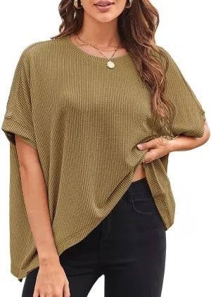 Womens Tops Crewneck Batwing Short Sleeve Shirts Ribbed Striped Casual Tee Women Oversized Loose Fit Trendy T-Shirts