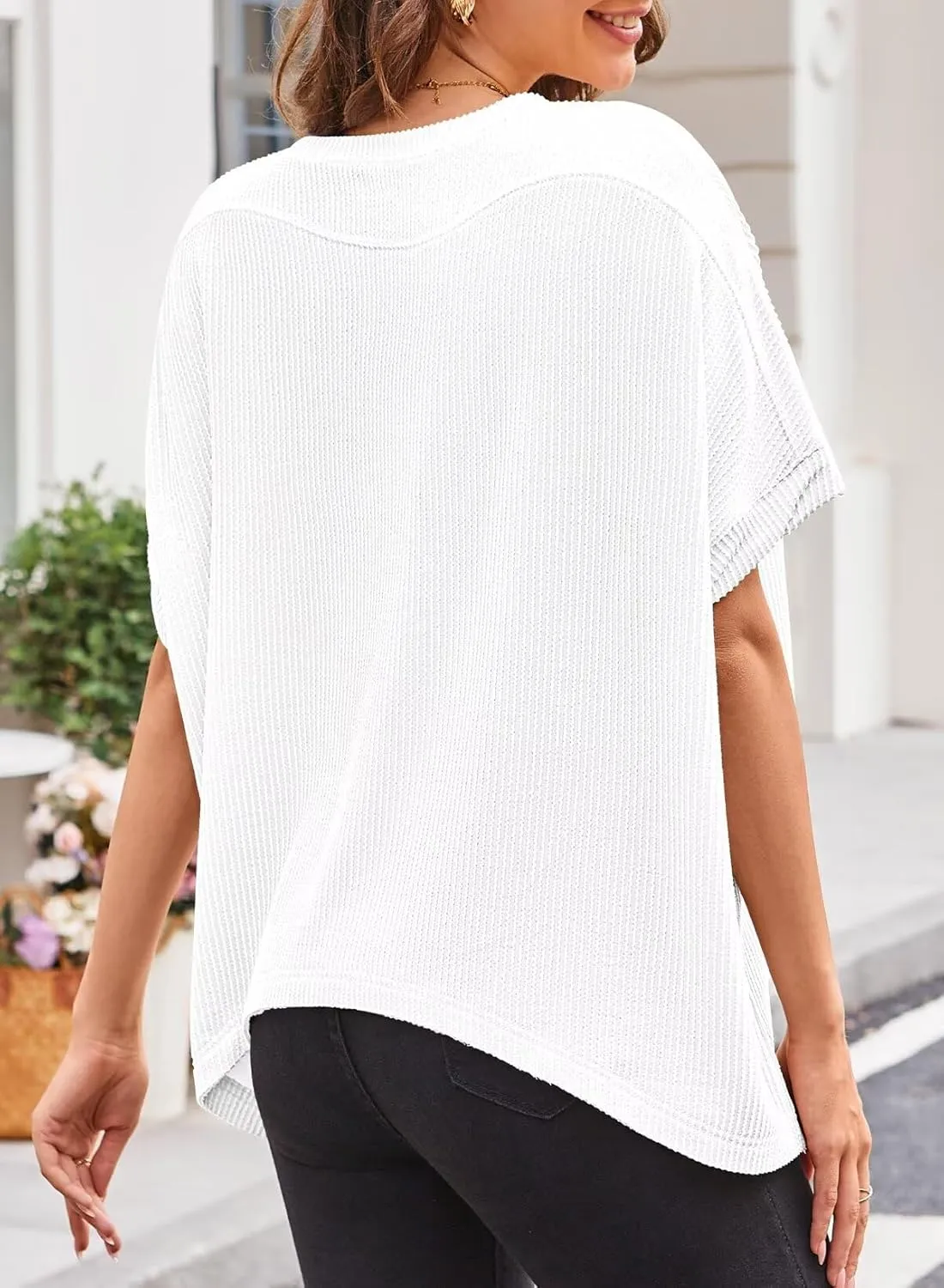 Womens Tops Crewneck Batwing Short Sleeve Shirts Ribbed Striped Casual Tee Women Oversized Loose Fit Trendy T-Shirts