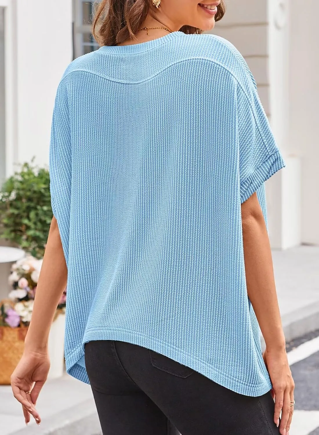Womens Tops Crewneck Batwing Short Sleeve Shirts Ribbed Striped Casual Tee Women Oversized Loose Fit Trendy T-Shirts