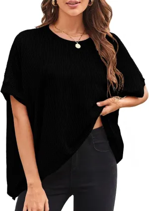 Womens Tops Crewneck Batwing Short Sleeve Shirts Ribbed Striped Casual Tee Women Oversized Loose Fit Trendy T-Shirts