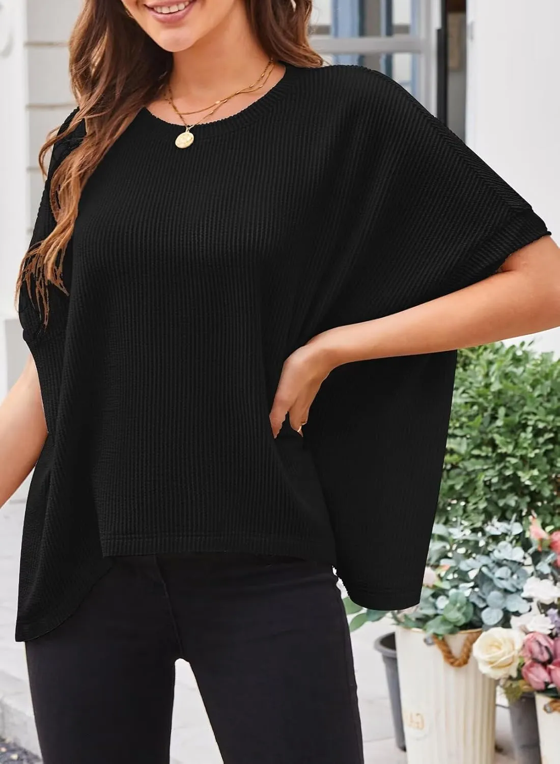 Womens Tops Crewneck Batwing Short Sleeve Shirts Ribbed Striped Casual Tee Women Oversized Loose Fit Trendy T-Shirts