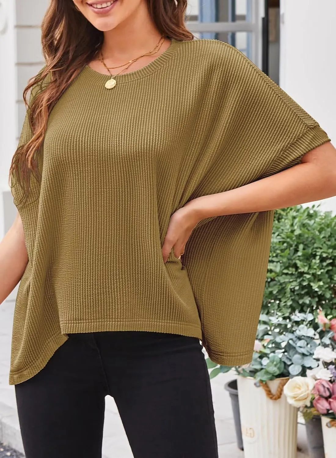 Womens Tops Crewneck Batwing Short Sleeve Shirts Ribbed Striped Casual Tee Women Oversized Loose Fit Trendy T-Shirts