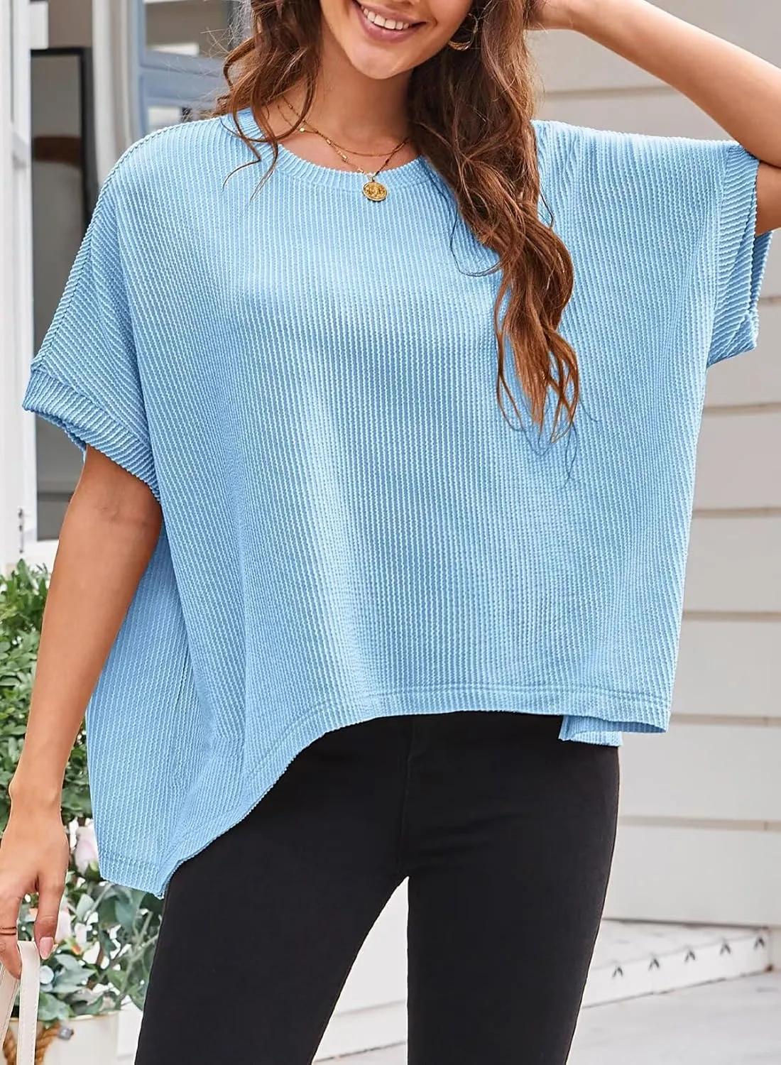 Womens Tops Crewneck Batwing Short Sleeve Shirts Ribbed Striped Casual Tee Women Oversized Loose Fit Trendy T-Shirts