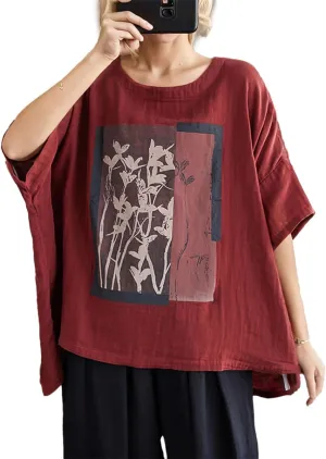 Womens Tops Oversized T Shirts, Summer Casual Batwing Sleeve Linen Tops, Vintage Floral Print Crew Neck Outfits