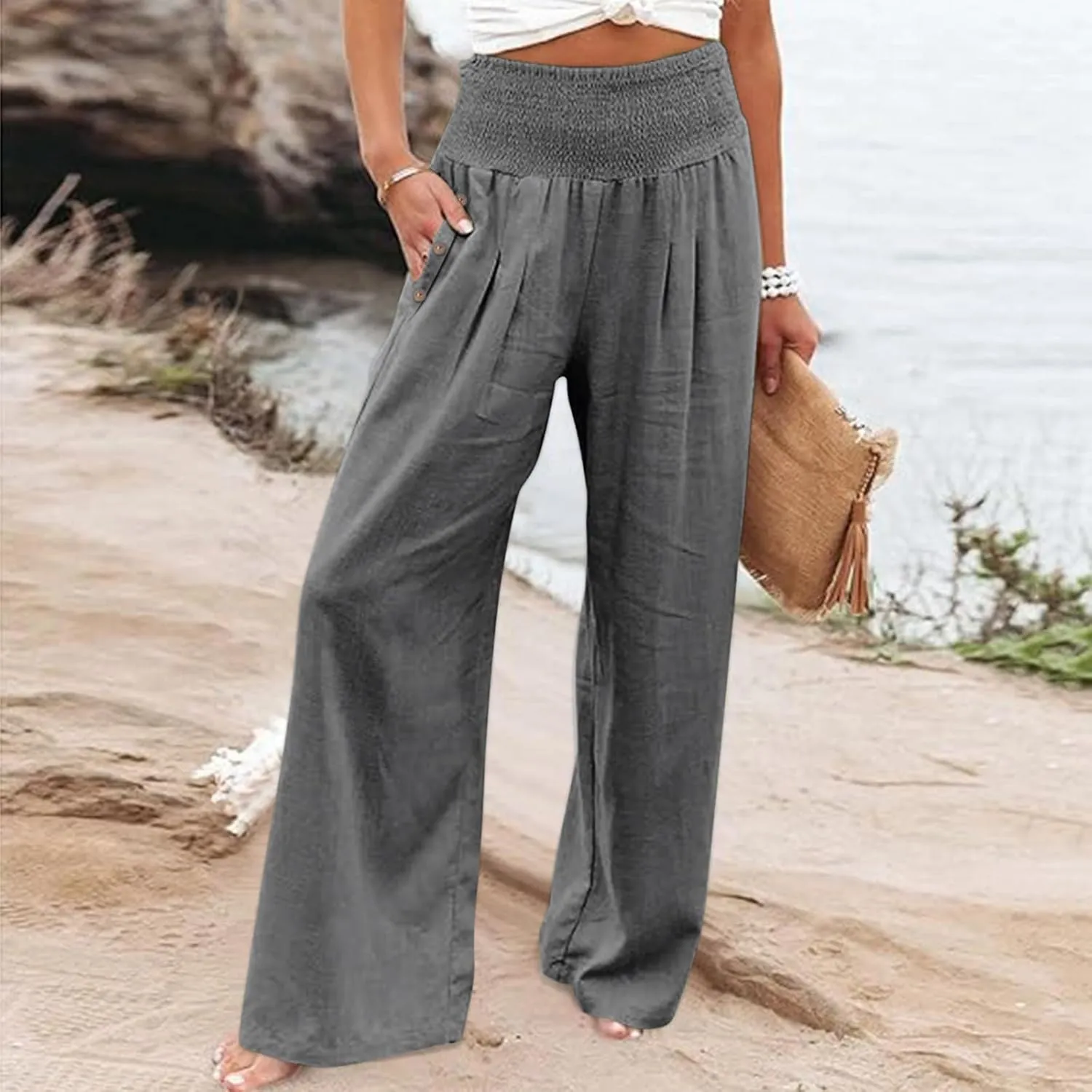 Women's Wide Leg Pants High Waisted Linen Pants Loose Fit Summer Pants Flowy Beach Pants Comfy Palazzo Pants Trousers