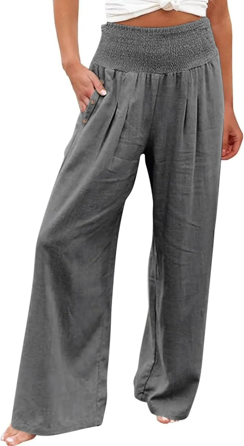 Women's Wide Leg Pants High Waisted Linen Pants Loose Fit Summer Pants Flowy Beach Pants Comfy Palazzo Pants Trousers