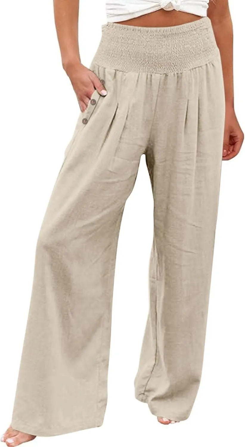 Women's Wide Leg Pants High Waisted Linen Pants Loose Fit Summer Pants Flowy Beach Pants Comfy Palazzo Pants Trousers