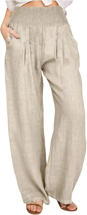 Women's Wide Leg Pants High Waisted Linen Pants Loose Fit Summer Pants Flowy Beach Pants Comfy Palazzo Pants Trousers