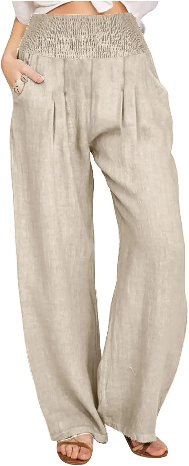 Women's Wide Leg Pants High Waisted Linen Pants Loose Fit Summer Pants Flowy Beach Pants Comfy Palazzo Pants Trousers