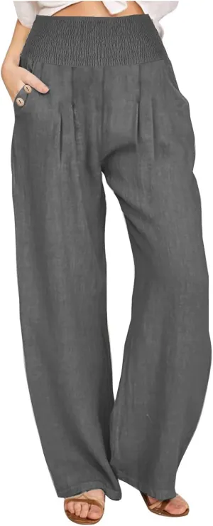 Women's Wide Leg Pants High Waisted Linen Pants Loose Fit Summer Pants Flowy Beach Pants Comfy Palazzo Pants Trousers