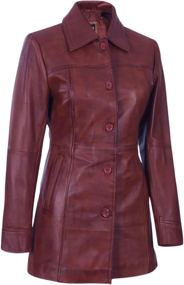 Women's Winter Classic Casual Button Up 3/4 Long Lenght Genuine Lambskin Leather Trench Coat Fashion Jacket
