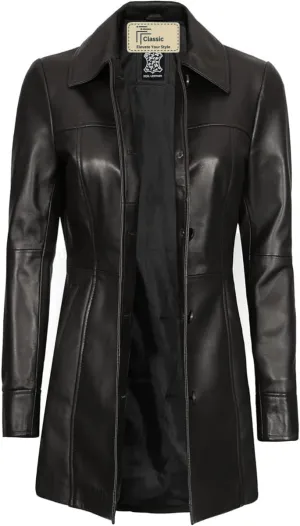 Women's Winter Classic Casual Button Up 3/4 Long Lenght Genuine Lambskin Leather Trench Coat Fashion Jacket