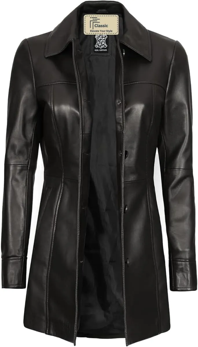 Women's Winter Classic Casual Button Up 3/4 Long Lenght Genuine Lambskin Leather Trench Coat Fashion Jacket