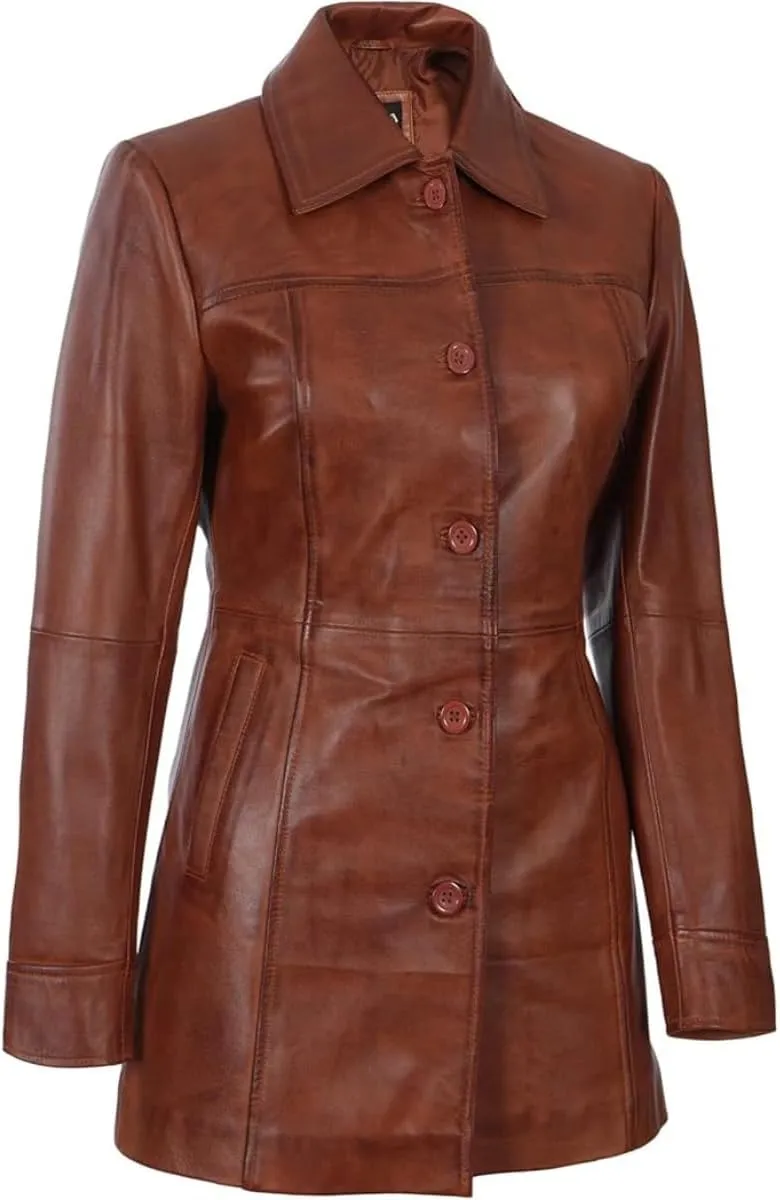 Women's Winter Classic Casual Button Up 3/4 Long Lenght Genuine Lambskin Leather Trench Coat Fashion Jacket