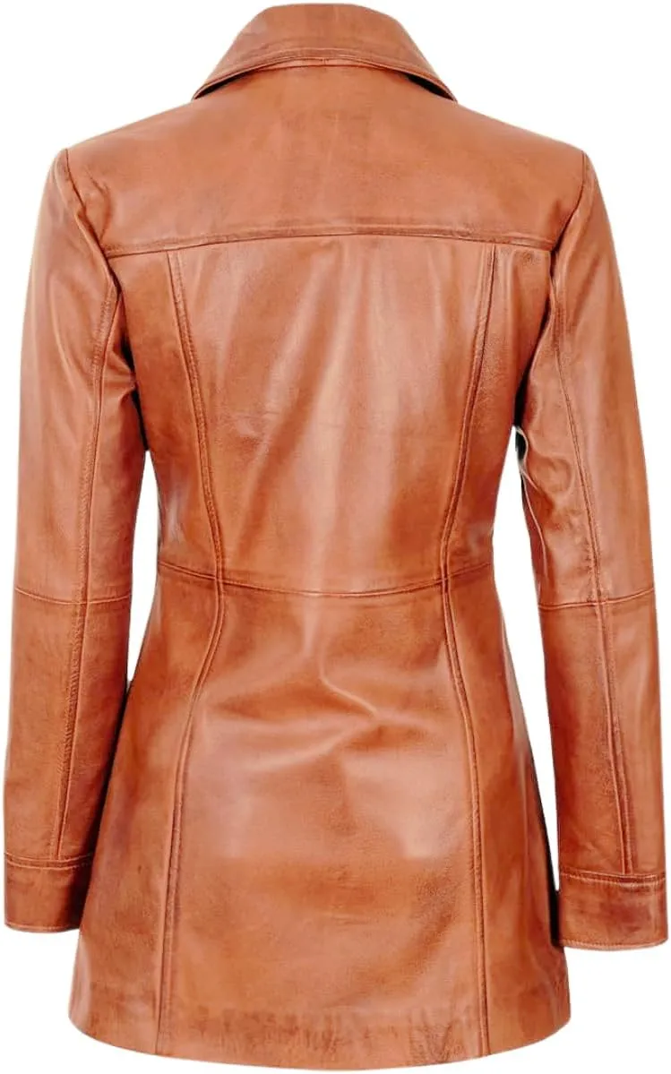 Women's Winter Classic Casual Button Up 3/4 Long Lenght Genuine Lambskin Leather Trench Coat Fashion Jacket