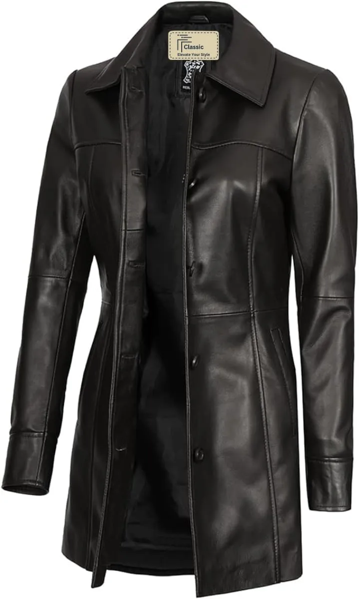 Women's Winter Classic Casual Button Up 3/4 Long Lenght Genuine Lambskin Leather Trench Coat Fashion Jacket