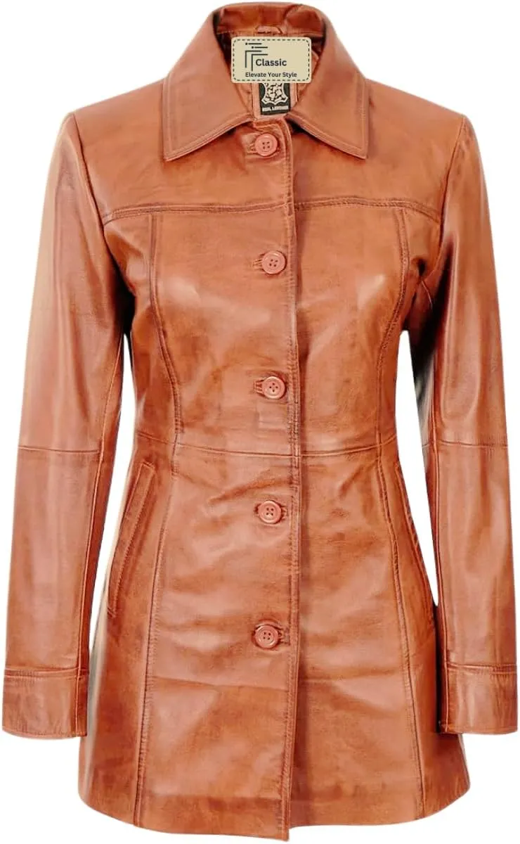 Women's Winter Classic Casual Button Up 3/4 Long Lenght Genuine Lambskin Leather Trench Coat Fashion Jacket
