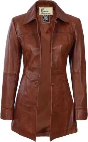 Women's Winter Classic Casual Button Up 3/4 Long Lenght Genuine Lambskin Leather Trench Coat Fashion Jacket