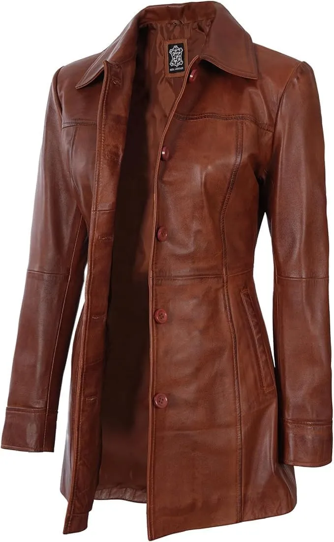 Women's Winter Classic Casual Button Up 3/4 Long Lenght Genuine Lambskin Leather Trench Coat Fashion Jacket